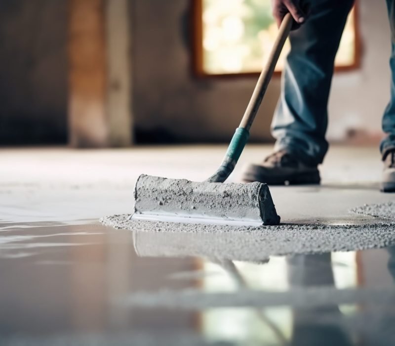 Master with needle roller for new screed concrete with self leveling cement mortar for floors.